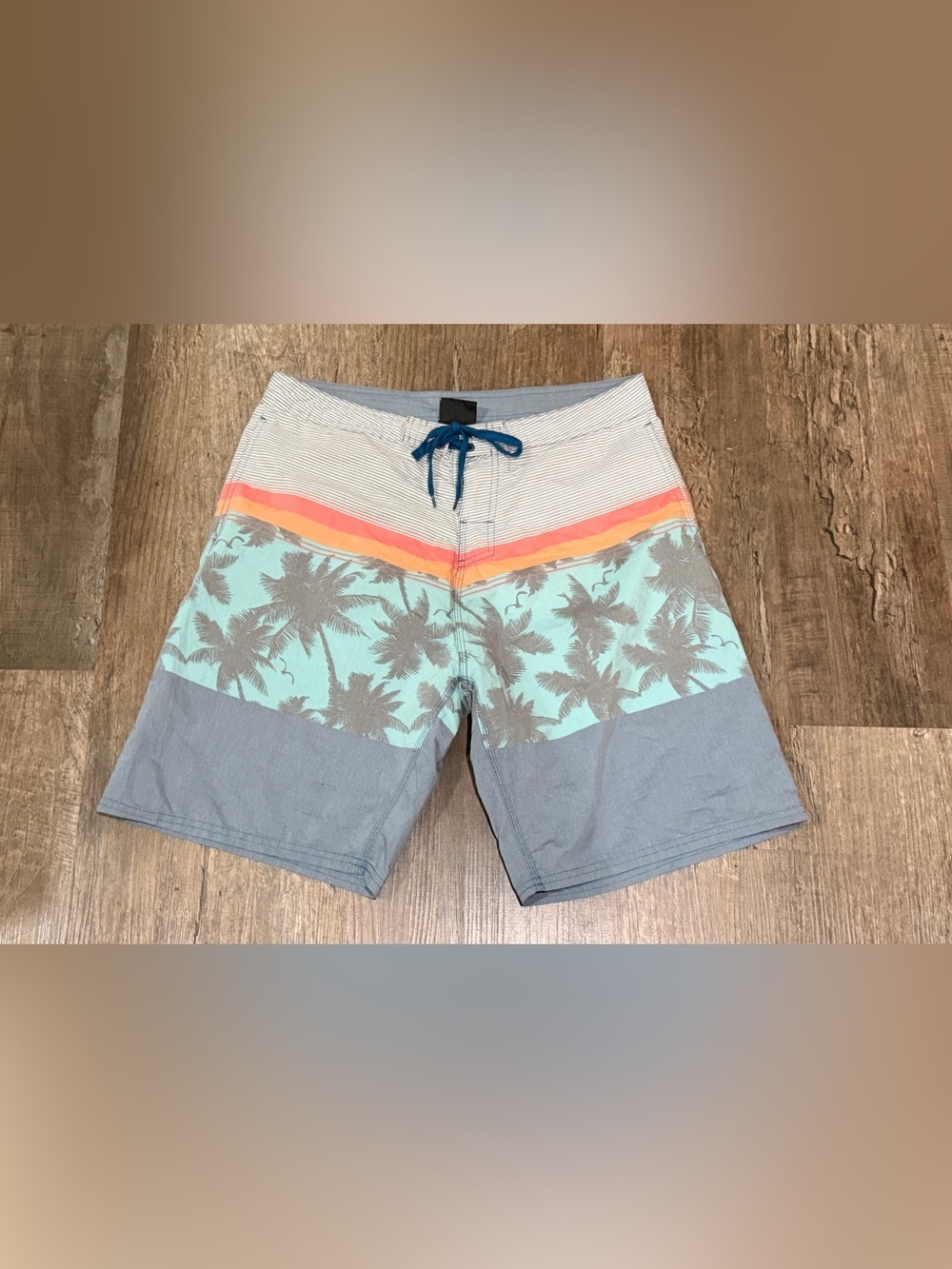 burnside Men's Palm Stripe Swim Board Shorts - Light Blue, Gray, Coral